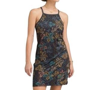 PRANA Ardor Dress “Black Horchata” XL — Racerback Built-In Bra Floral Mini